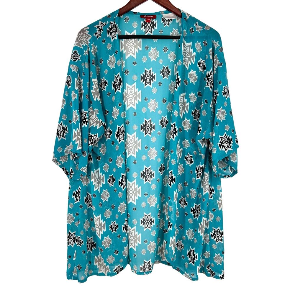 Panhandle Womens Small/Medium Blue Tribal Aztec Wester Blouse Shirt Top Kimono